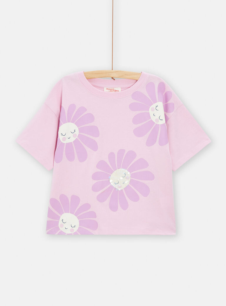 T-shirt rose à sequins imprimé fleur pour fille