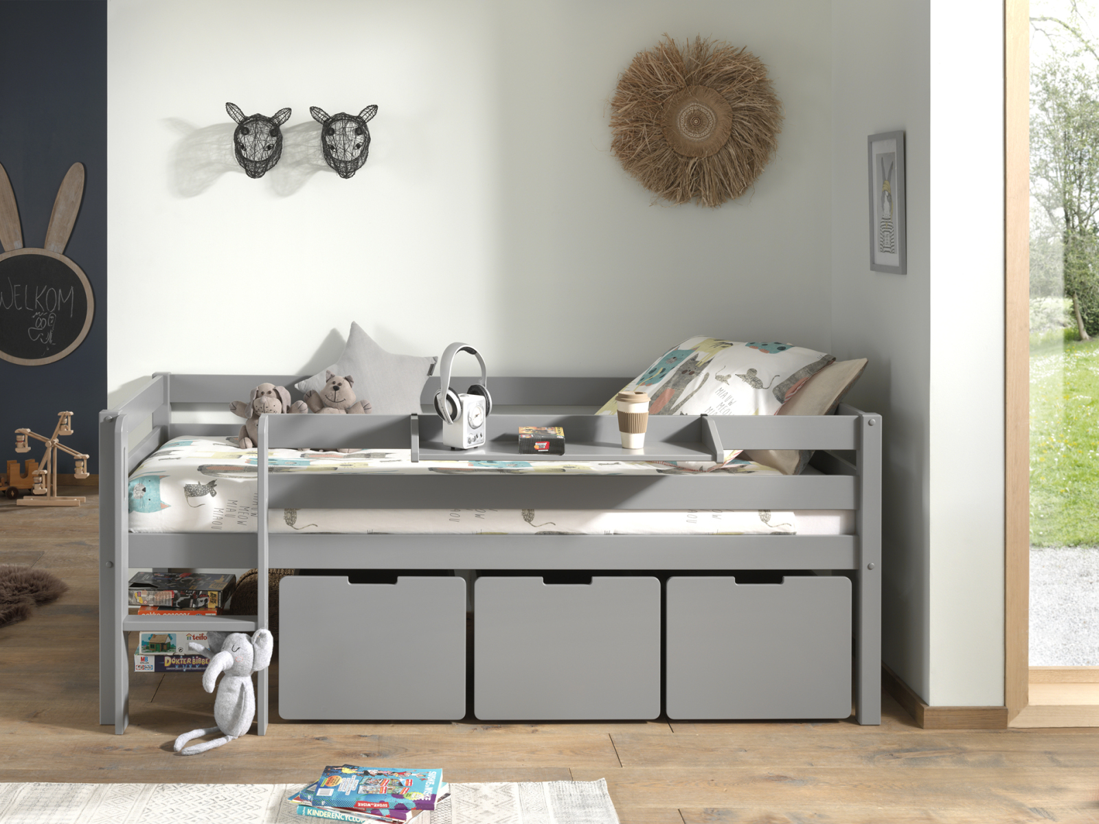 Kojen-Spielbett - grau - Leiter - Schubkästen - Regal - 90x200 cm