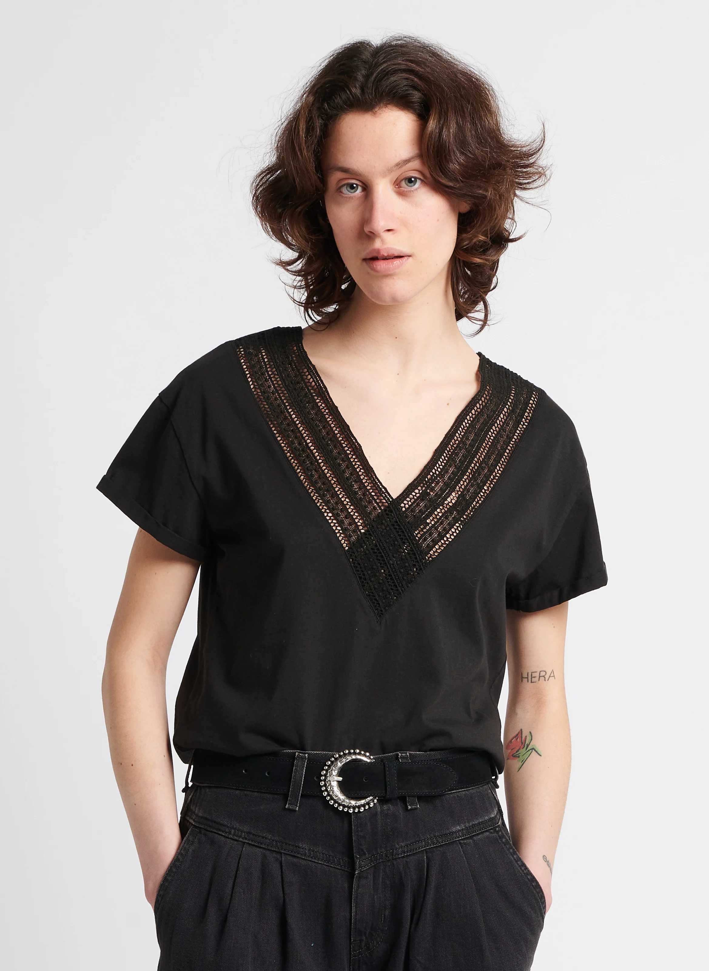 Tee-shirt réversible dentelle en coton | Noir