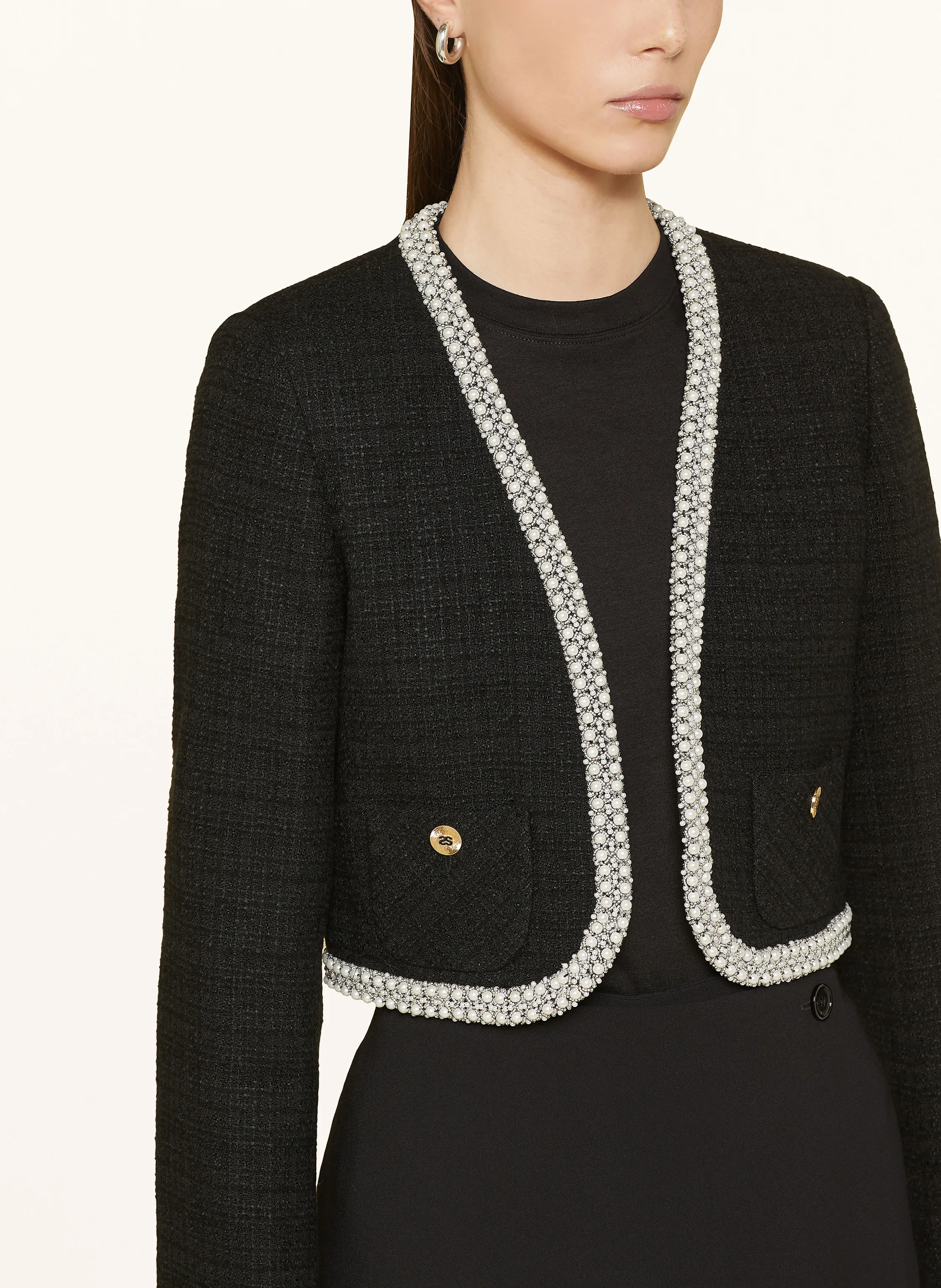 SANDRO Kastenjacke aus Tweed mit Schmuckperlen