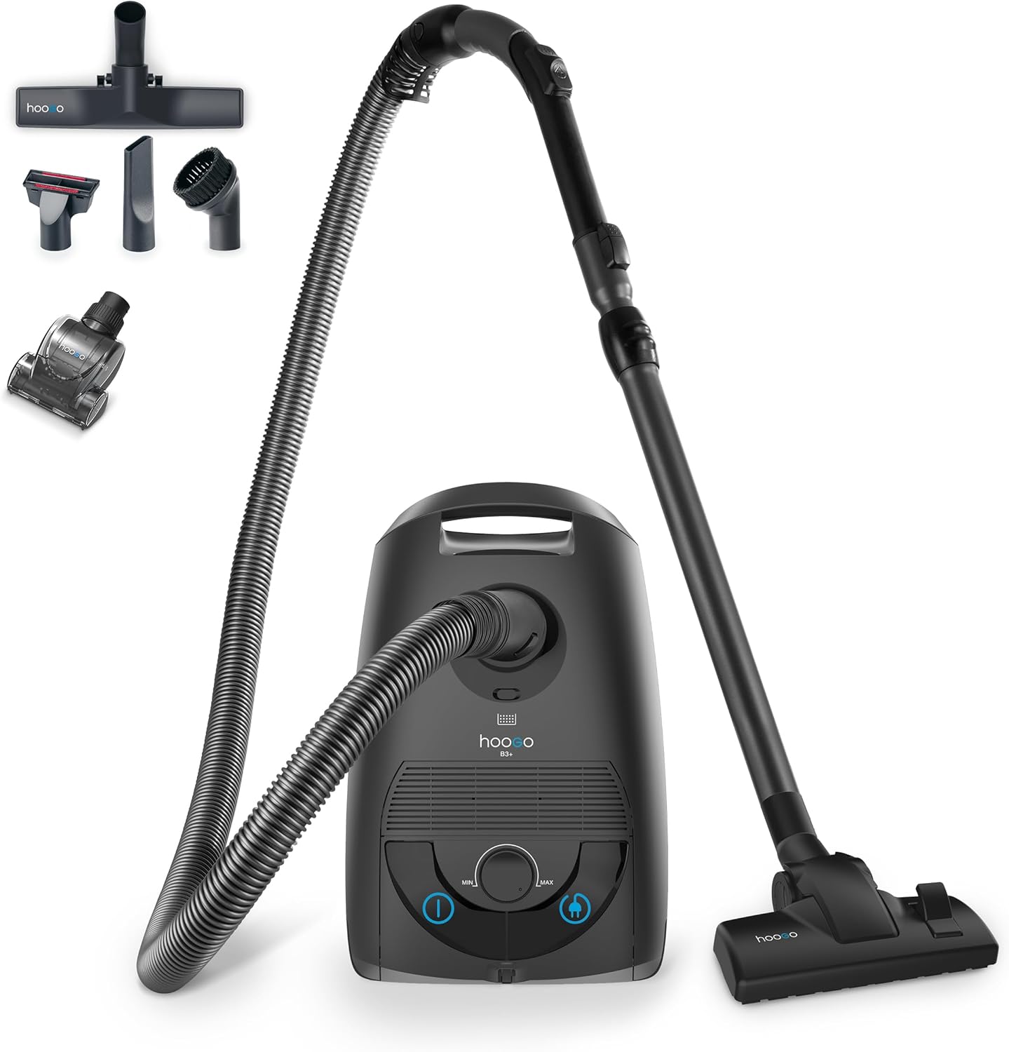 hoogo B3+ Graphit mit Flipflop Bodendüse | Plus Mini-Turbobürste | Staubsauger mit Beutel | Starke 850 W Saugleistung | HEPA 14 Filter | 11 Meter Radius | Nur 74 dB(A) | 3 L Fassungsvermögen