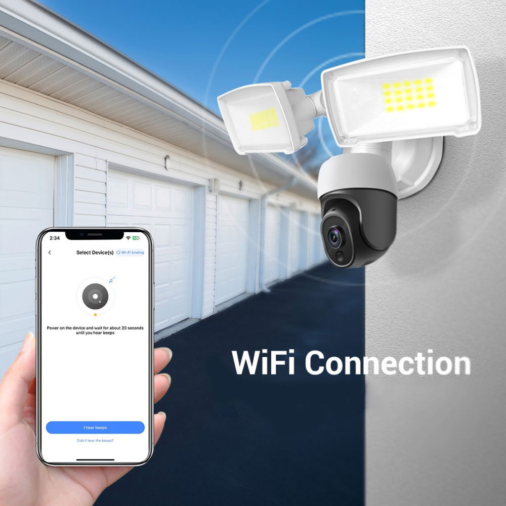 WiFi IP Kamera 2MP 1080p mit Zwei Wege Audio / Micro SD / Scheinwerfern (1500 Lumen) und Wandhalterung für iOS/Android (IP66) - Weiss