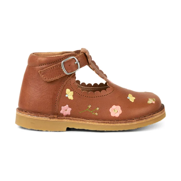 Petit Nord Babies T-Bar Brodées Fleurs - Collection Uniqua | Cognac