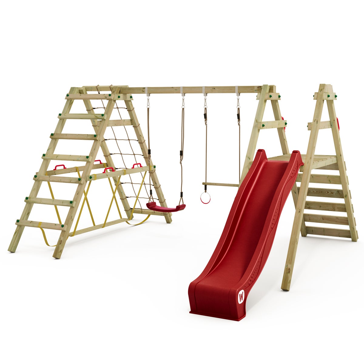 WICKEY Kinderschommelset Smart Shake met glijbaan en klimrek, schommel, schommelframe, dubbele schommel, houten schommel - Rood