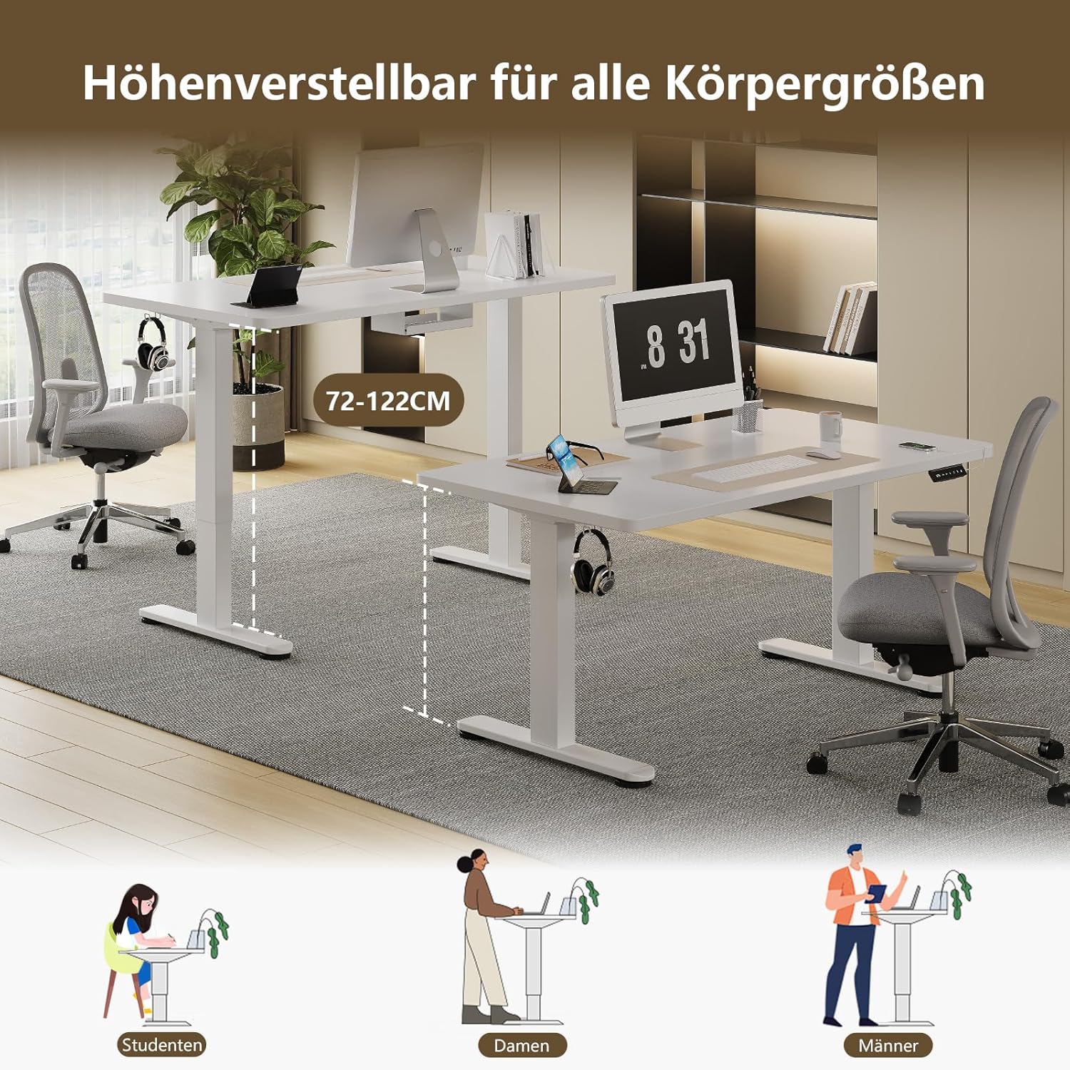 Höhenverstellbarer Schreibtisch, 180x80cm, Elektrisch Stehschreibtisch mit Dualmotor, Touchscreen,USB-A & Kabelmanagement,25mm Einteilige Tischplatte,ergonomischer Bürotisch, Weiß