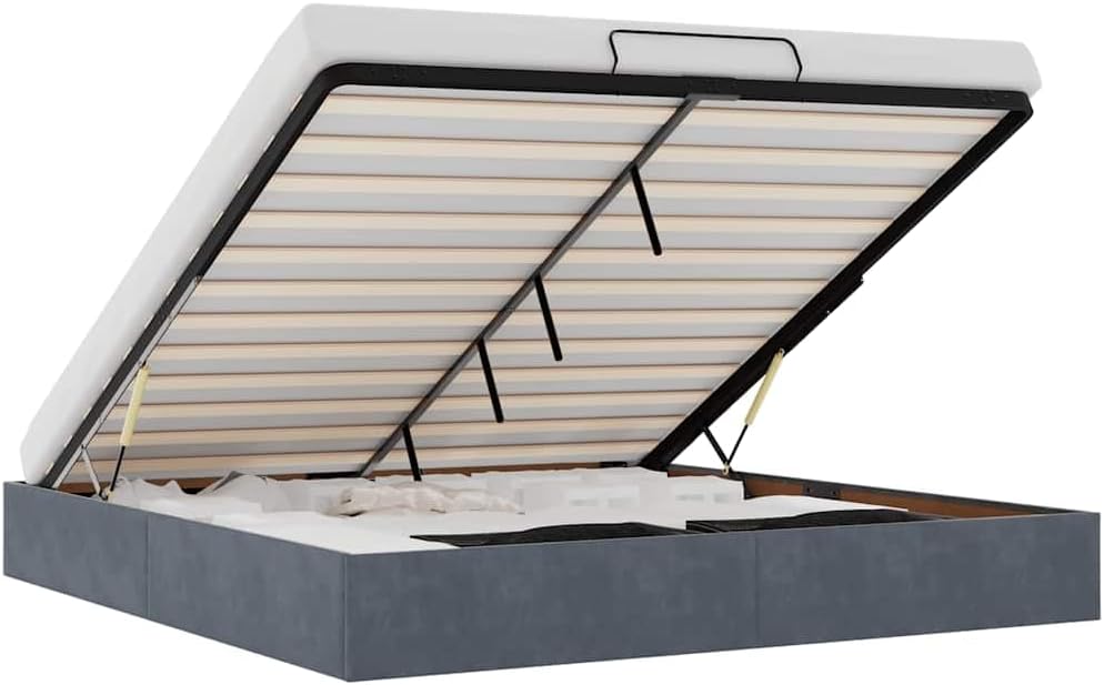 ACAGALA Polsterbett mit Bettkasten 200x200 cm, Doppelbett mit Stauraum, Bettgestell mit Lattenrost, Bettrahmen ohne Matratze, Boxspringbett für Schlafzimmer, Gästezimmer, Samt, Dunkelgrau