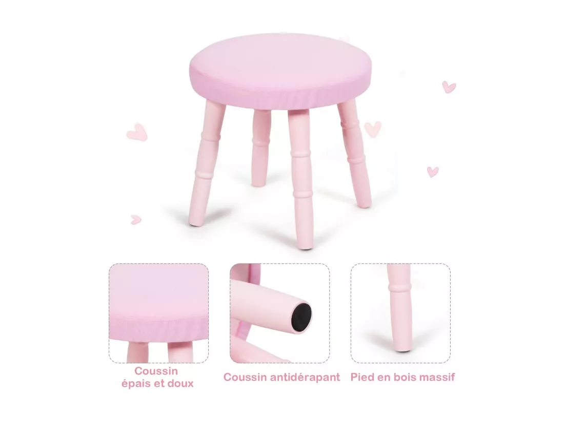 Coiffeuse avec Tabouret de Filles,Table de Maquillage pour Enfants, Style Princesse Européenne avec Tiroir et Miroir (Rose)