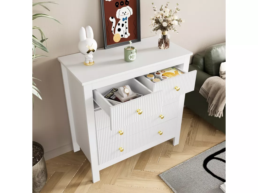 Commode avec 5 tiroirs - 79 x 80.5 x 39.5 cm - Panneaux de particules - pour salon, chambre - Couleur blanc