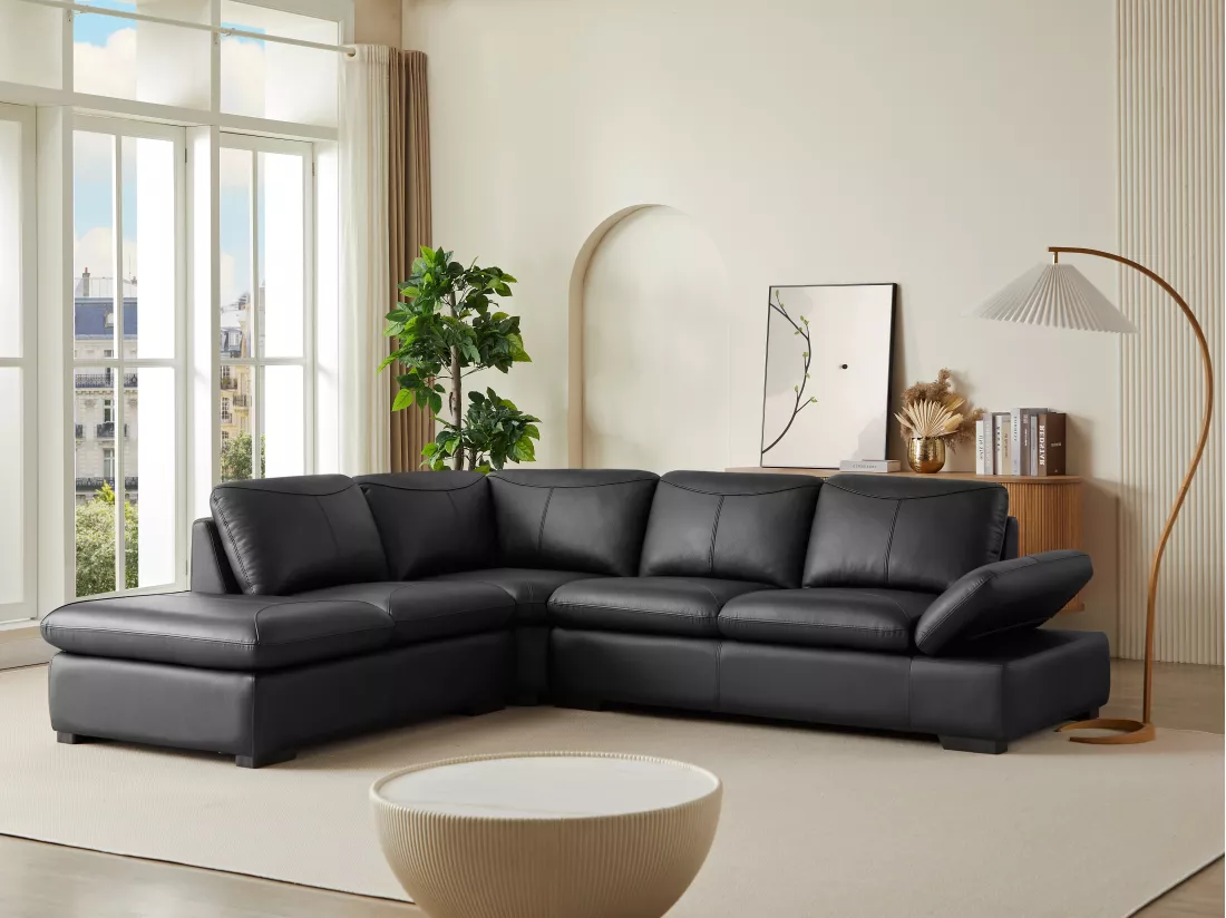 Canapé d'angle en cuir ONYX II - Noir - Angle gauche