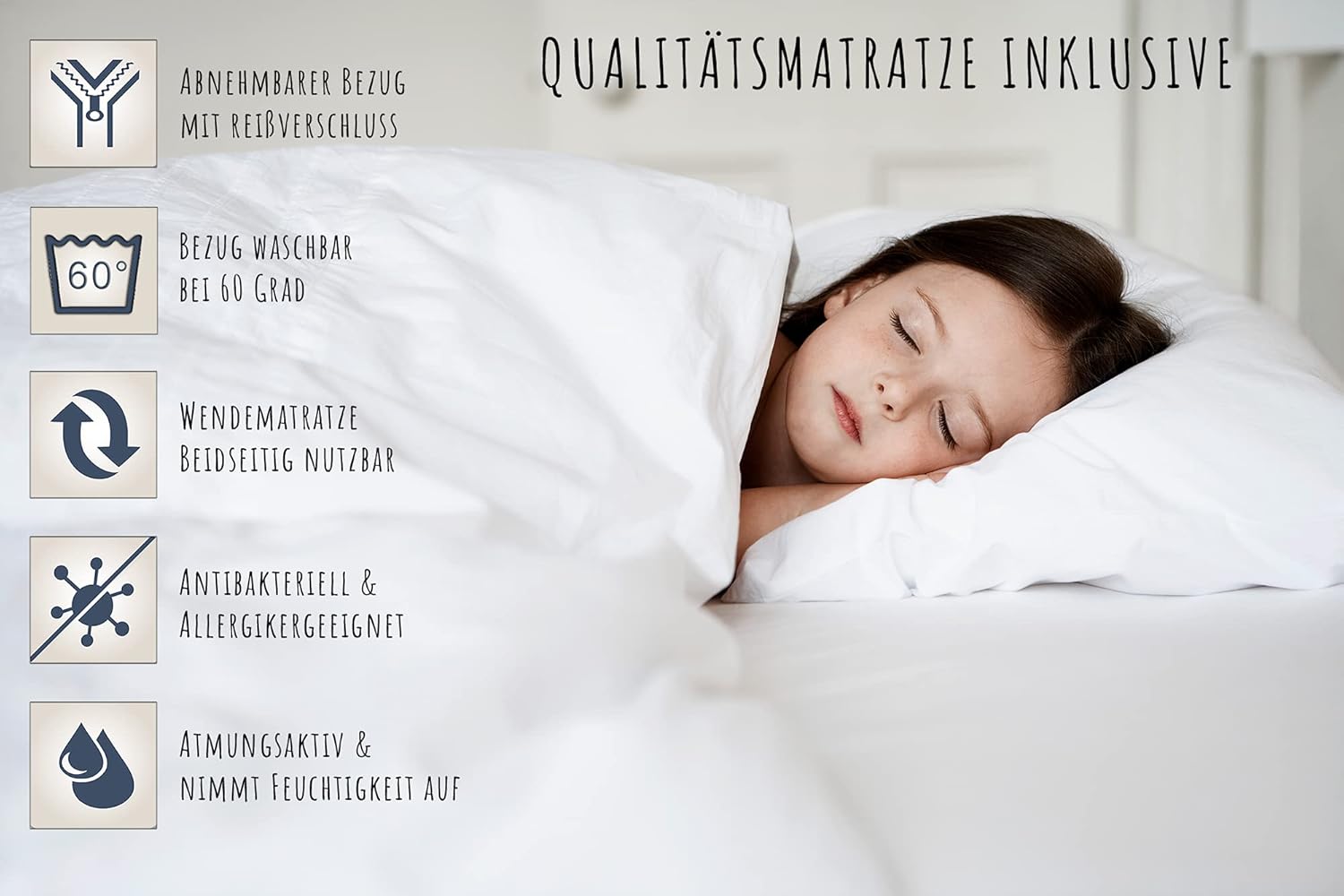 Hochbett 90x200 cm mit 2 Matratzen und 2 Schubladen Etagenbett mit Rausfallschutz und Lattenrost, umbaubar in Zwei Kinderbetten, aus Vollholz massiv in weiß, Funktionsbett Kinderbett
