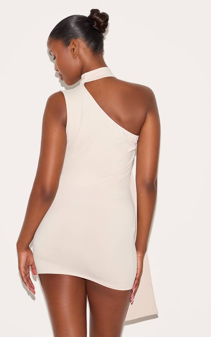 Crème Robe Mini Asymétrique Drapée Une Épaule En Tissu Doux Au Toucher
