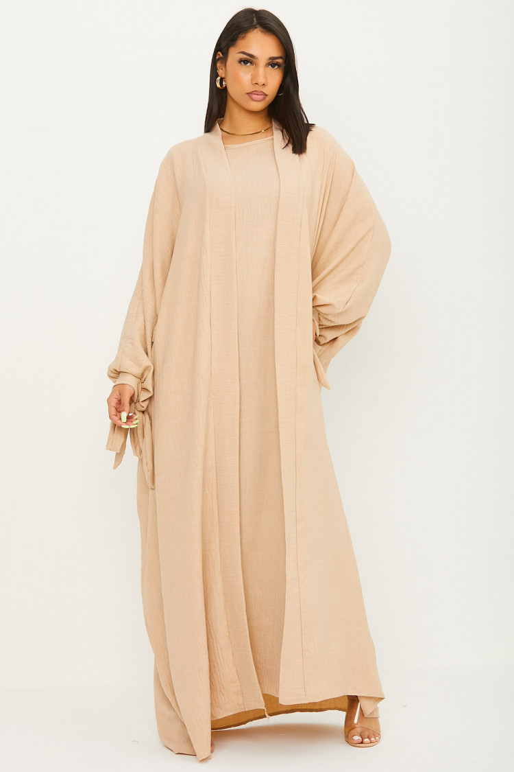 Ensemble effet lin 2 pièces kimono + robe beige