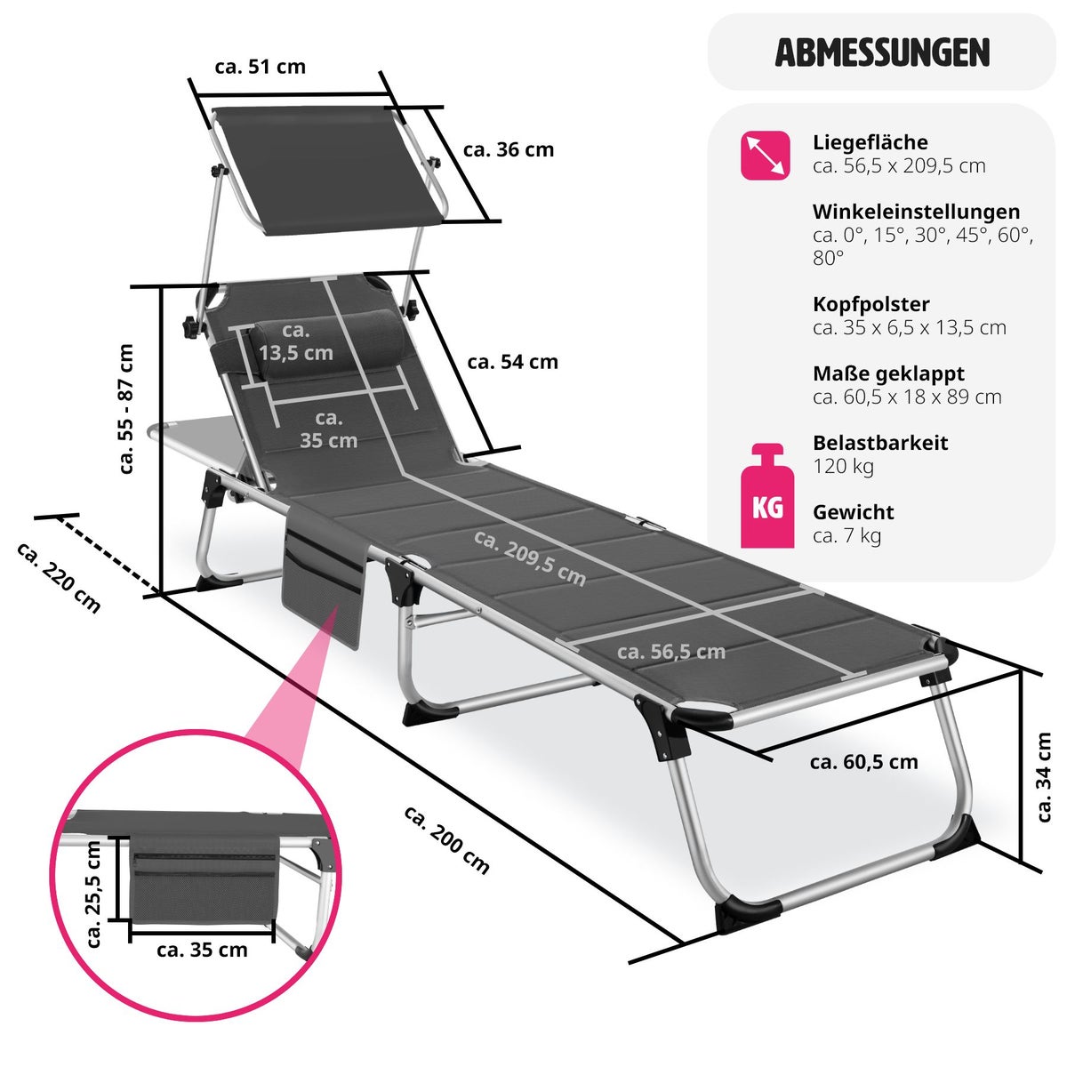 tectake Lorella gestoffeerde zonnebank, opvouwbaar 220 x 60,5 x 34 cm, met zijvak