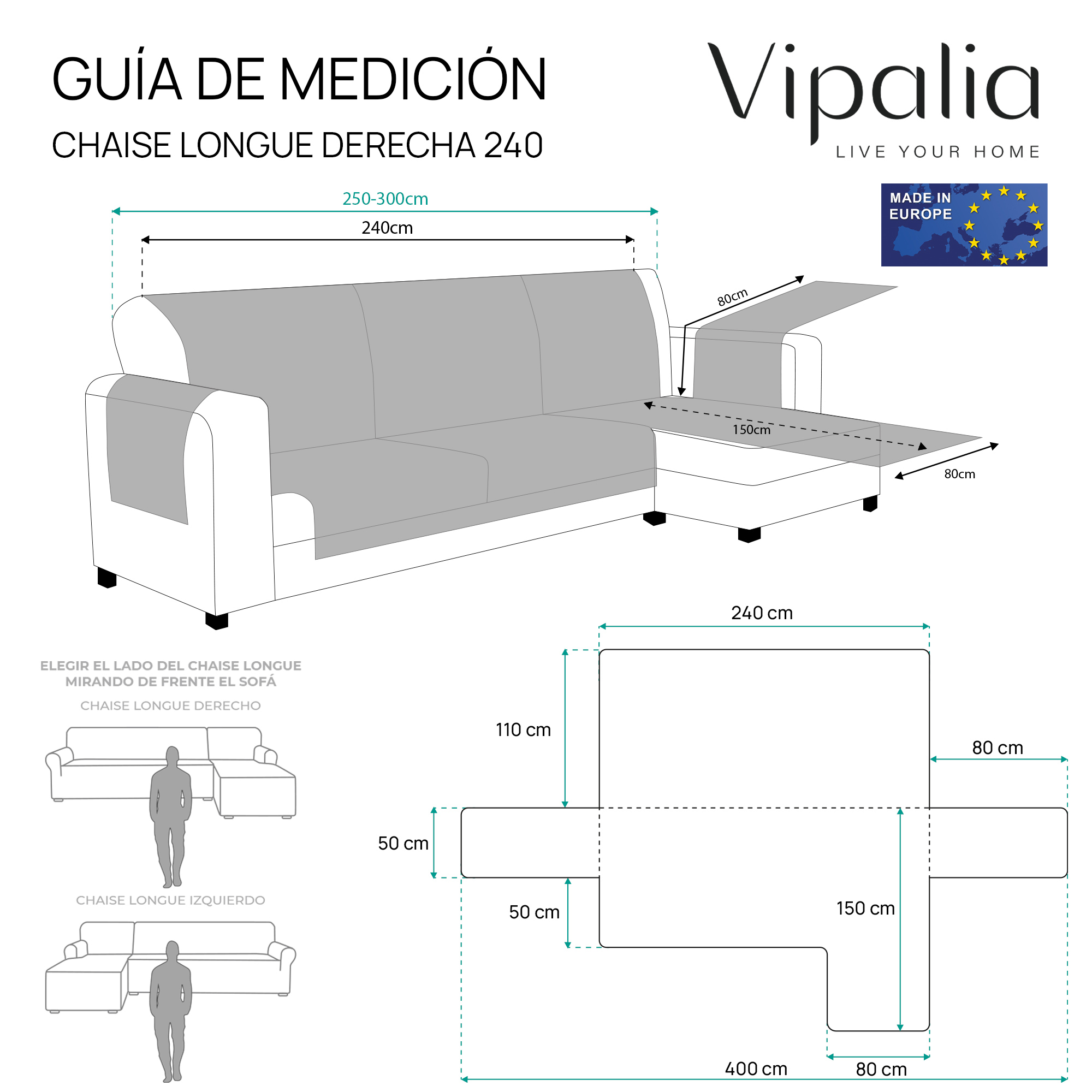 Capa protetora para sofá Vipalia com estampa de diamante. Marrom. Chaise longue à direita, 240 cm.
