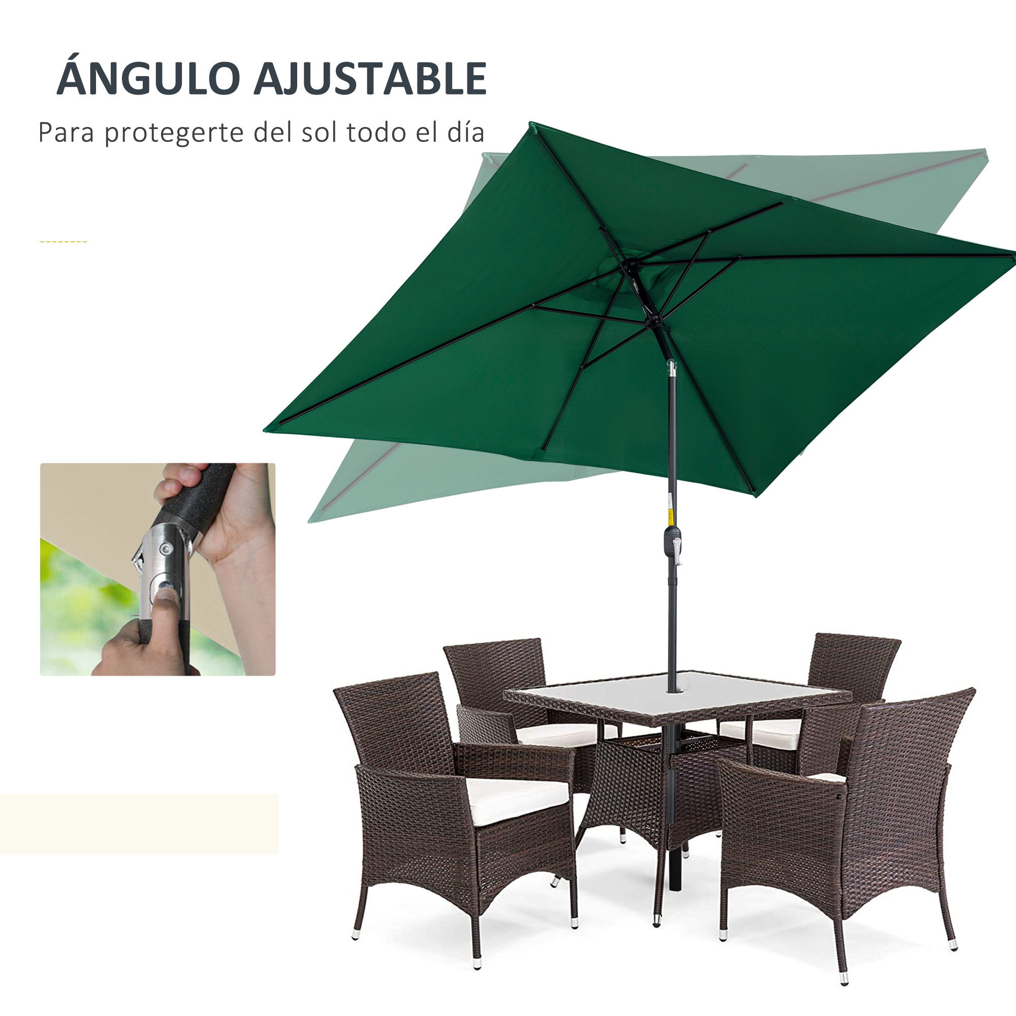 Guarda-sol retangular de alumínio Outsunny, 200x300x240 cm, com manivela e mastro removível, ideal para terraços, piscinas, pátios e áreas externas verdes.