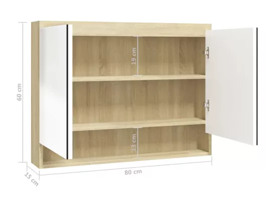 Armoire à miroir de salle de bain 80x15x60cm MDF Blanc et chêne