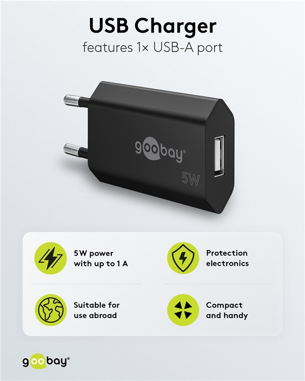 (5W/1A) USB A Ladegerät Netzteil (44949) - Schwarz