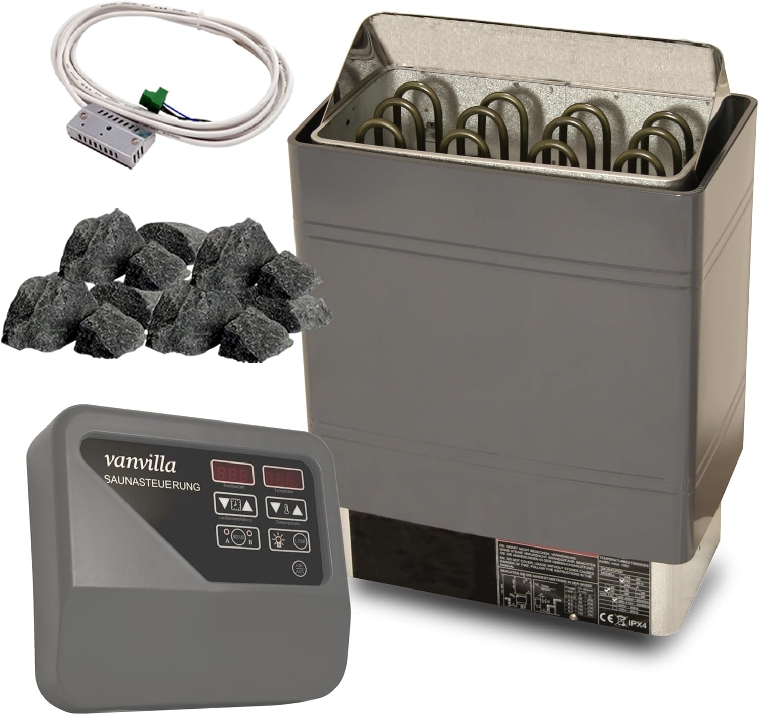 vanvilla Saunaofen 9kw mit externer Steuerung 380V Sauna inkl. Saunasteine für Aufguss Sauna Ofen Heizung Finnische Sauna Fasssauna Gartensauna