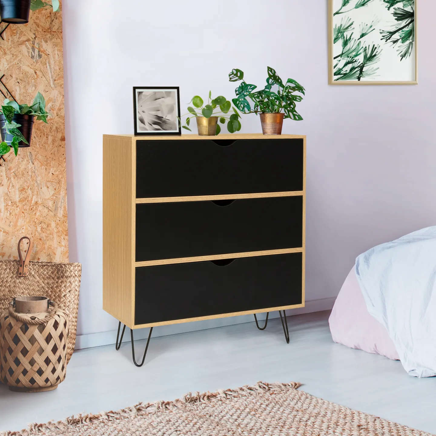 Commode 3 tiroirs vintage NOEMI 70 cm bois pied épingle