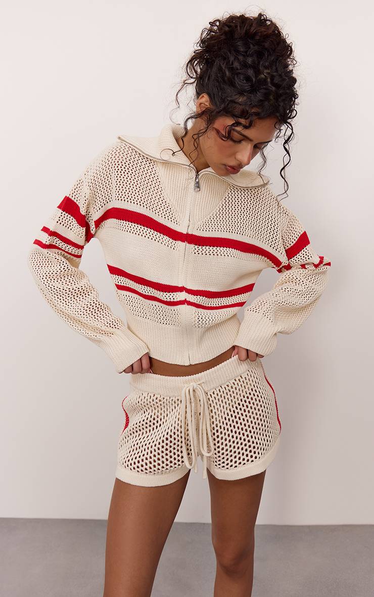 Crème Short Mini En Crochet Tricoté À Cordon De Serrage