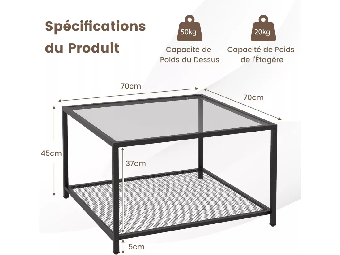 Table basse carrée, table basse verre avec étagère en maille, noir 70 x 70 x 45 cm (gris)