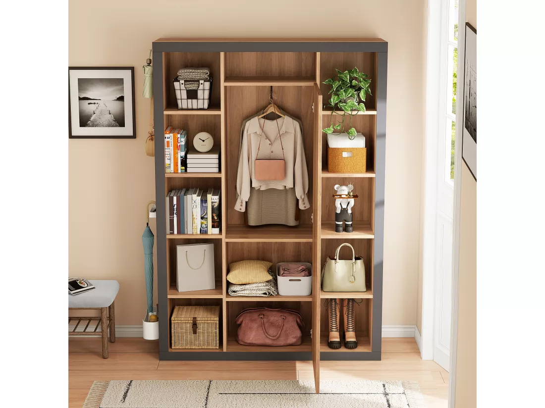 Vestiaire avec miroir et étagères de rangement - 115 x 30 x 165 cm - MDF - Naturel et gris