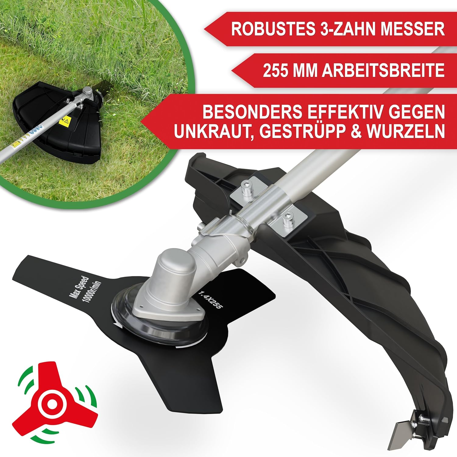 hochwertiges 4 IN 1 Benzin Multifunktionsgerät – Starke 1,9 PS/ 1,4 KW - Freischneider, Rasentrimmer, Heckenschere und Hochentaster in Einem – mit Verlängerung Stange – ergonomischer Tragegurt