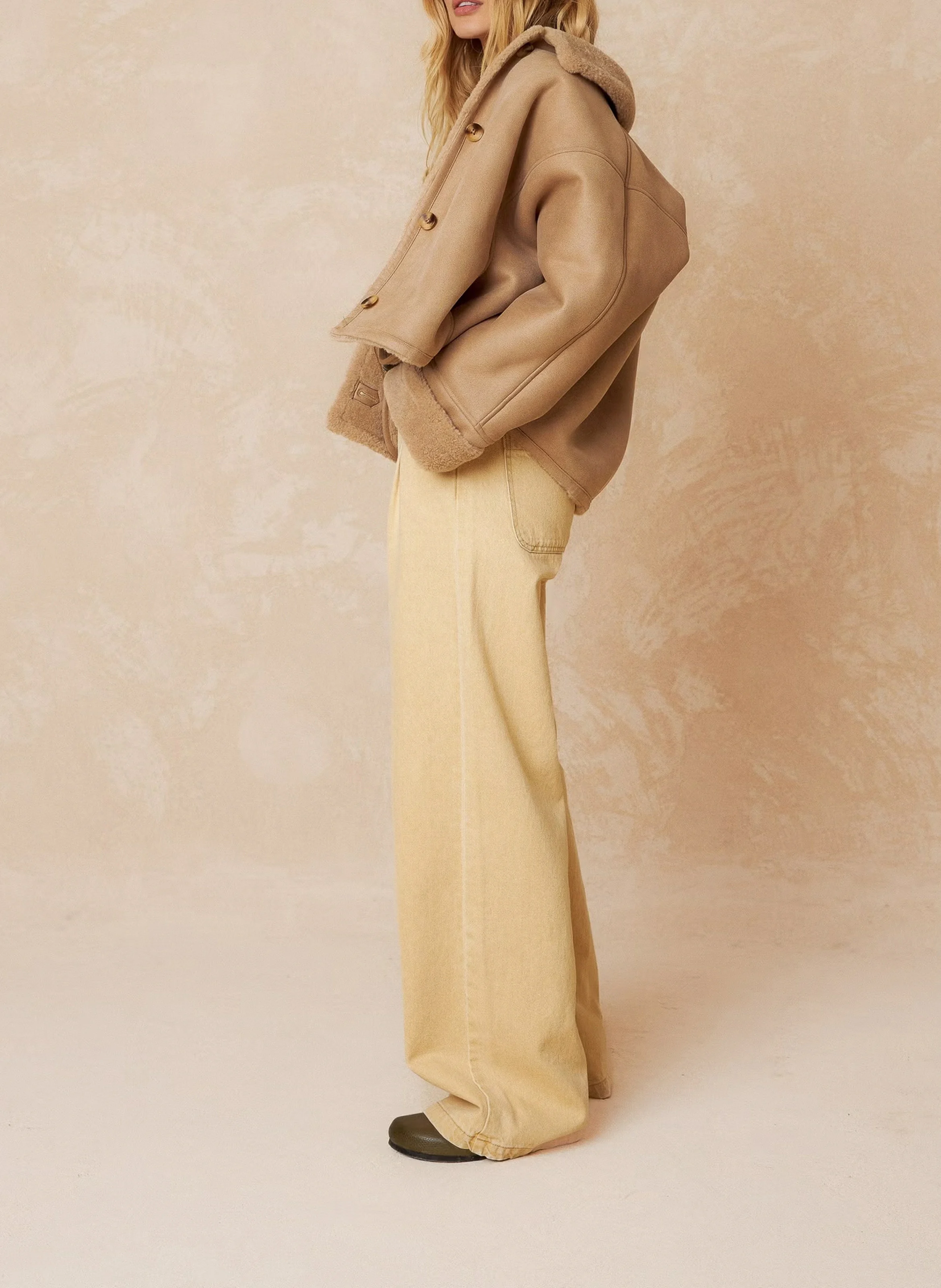 Manteau col classique effet fourrure| Beige
