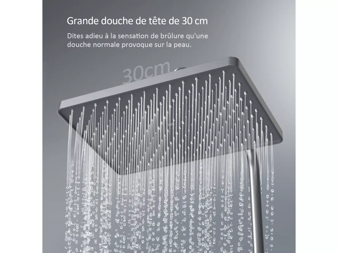 EMKE Colonne de douche Thermostat, 36 x 14 cm étagères en verre, 3 types de jets, douche à effet pluie, Certification KTW, Gris métal