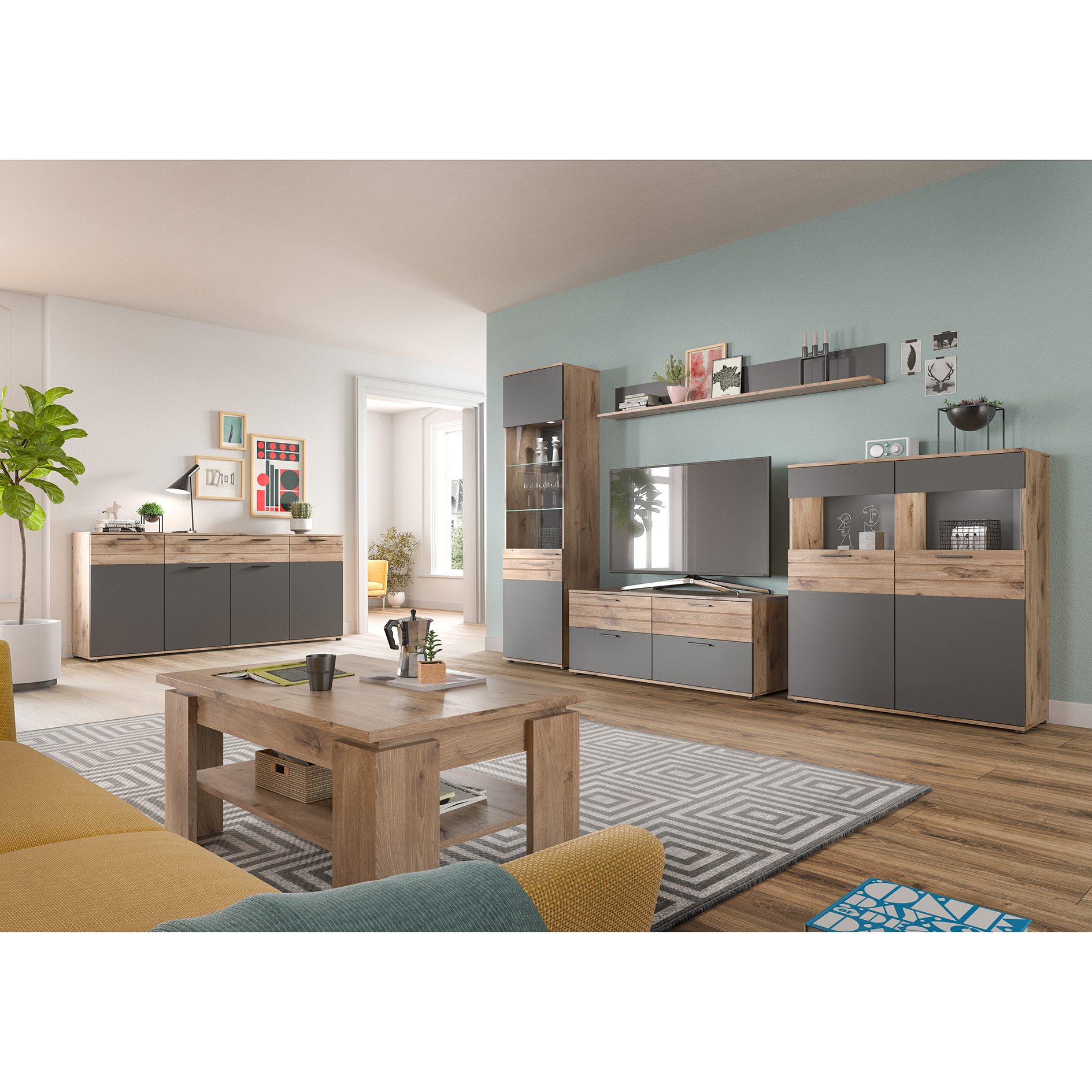 Standvitrine MASON - Nox Oak - Basalt grau - 110 cm