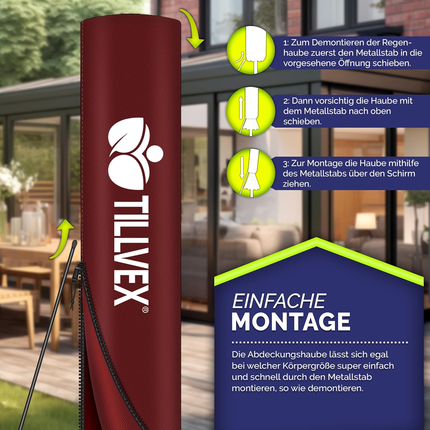 tillvex Alu Sonnenschirm + Abdeckung Ø 300 cm mit Kurbel | Ampelschirm mit Ständer & Windschutz | Gartenschirm UV-Schutz Aluminium | Kurbelschirm Marktschirm wasserdicht 360° drehbar