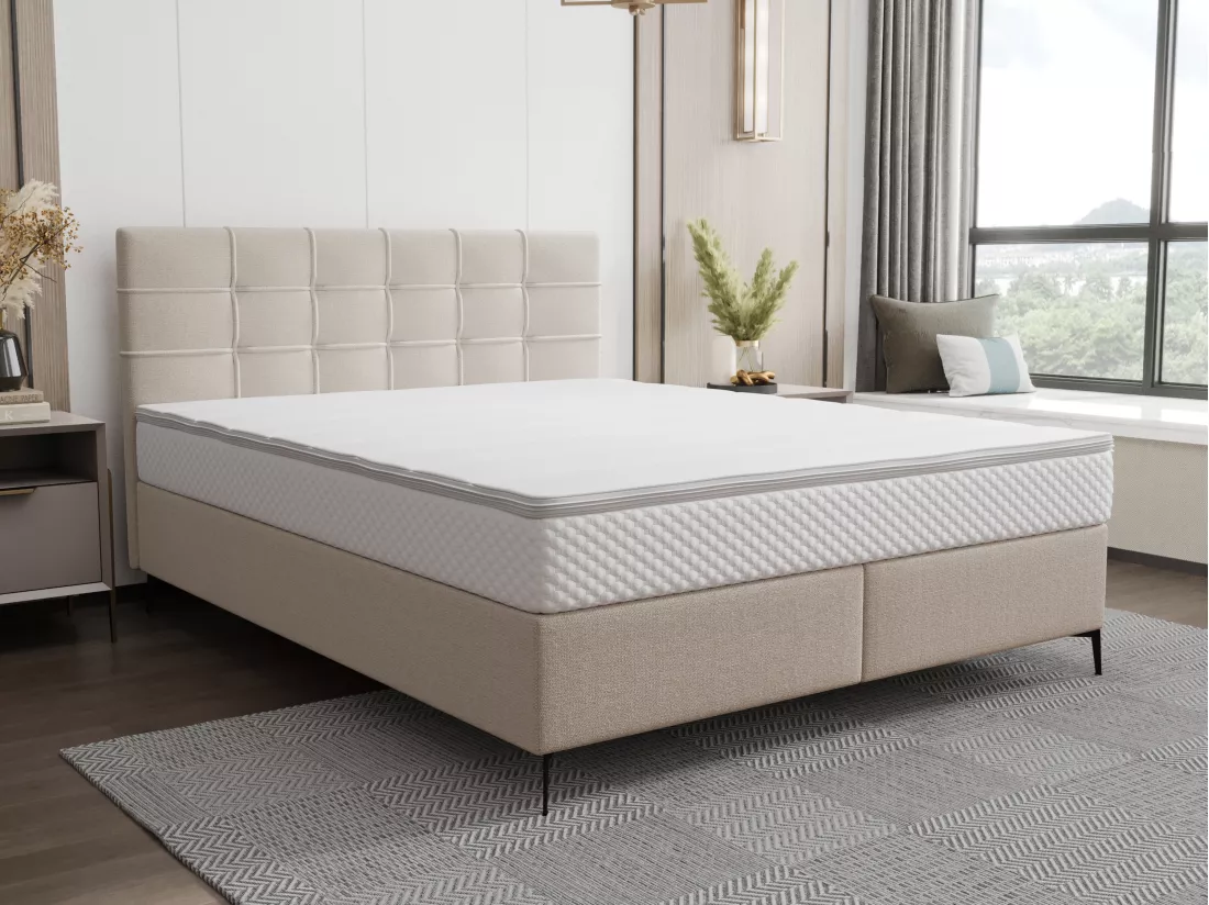 Ensemble complet boxspring tête de lit capitonnée + sommier + matelas + surmatelas - 180 x 200 cm - Tissu - Beige - INAO de YSMÉE