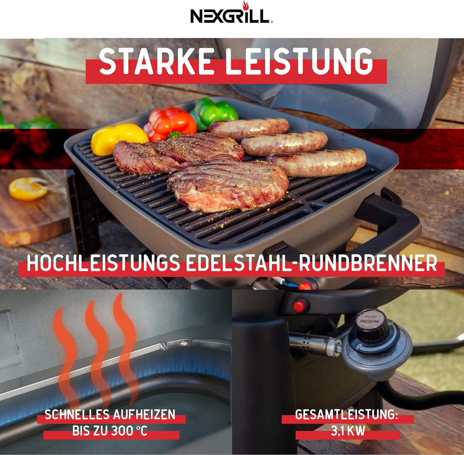 Nexgrill Gasgrill klein & tragbar für bis zu 300° – Tischgrill Gas für Balkon & Camping, Kleiner Grill mit Deckel, Gusseisenrost, 3,1 kW Edelstahlbrenner, Piezozündung, Mini Gasgrill kompakt
