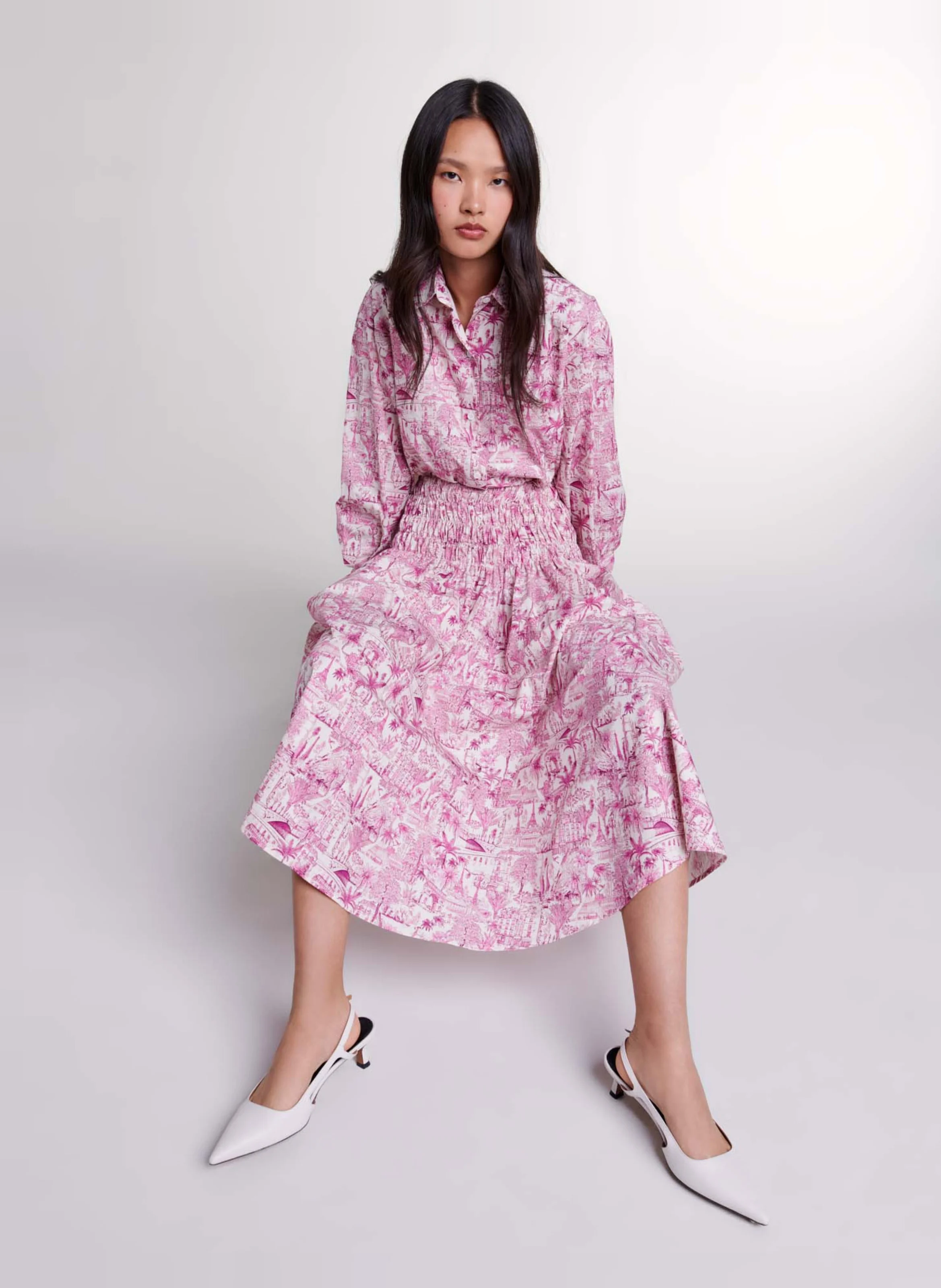 Jupe midi taille haute imprimée en coton | Rose