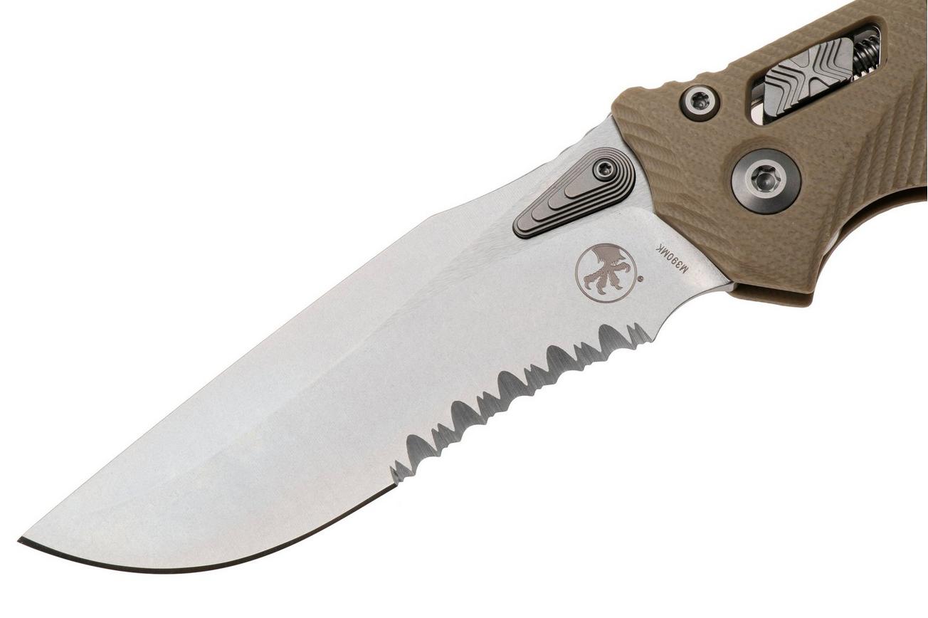 Microtech Amphibian 137RL-11FLGTTA, Stonewashed M390MK, Fluted Tan G10, partial serrated zakmes