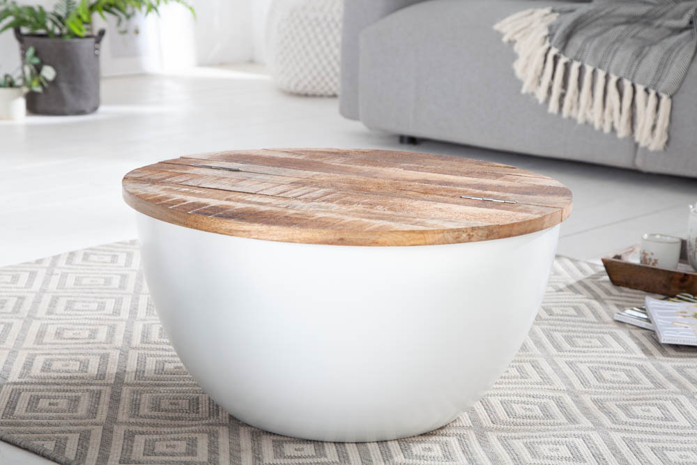 Upcycling Design Couchtisch INDUSTRIAL STORAGE 70cm weiß Mangoholz handmade