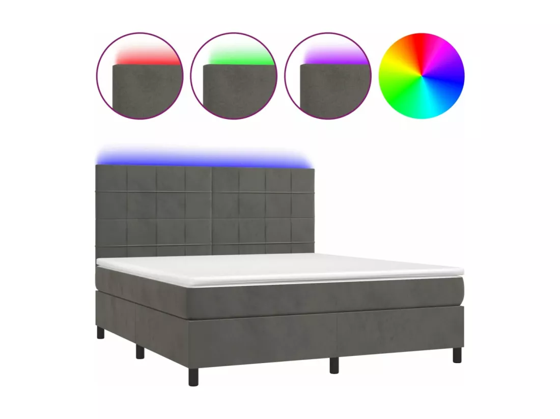 Sommier tapissier matelas et LED Gris foncé 180x200 cm Velours