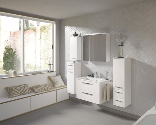 Pelipal Kumba badkamermeubelset (B x H x D 137 x 200 x 50 cm), glanzend witte fronten, 5-delige set inclusief witte mineraalstenen wastafel, halfhoge kast, onderkast en bovenkast (99.770125093)