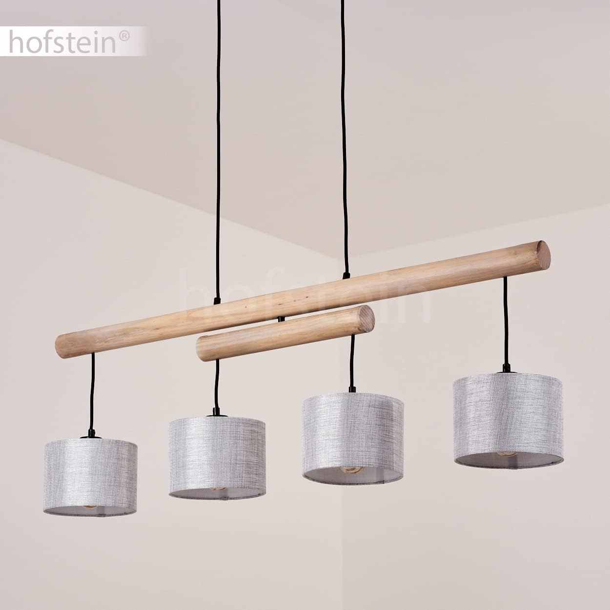 Hängeleuchte Bigandie, 4-flammige Pendellampe aus Metall und Holz in Schwarz/Natur, Lampe mit Stoffschirmen in Grau mit verstellbaren Holzbalken, 4 x E27, ohne Leuchtmittel