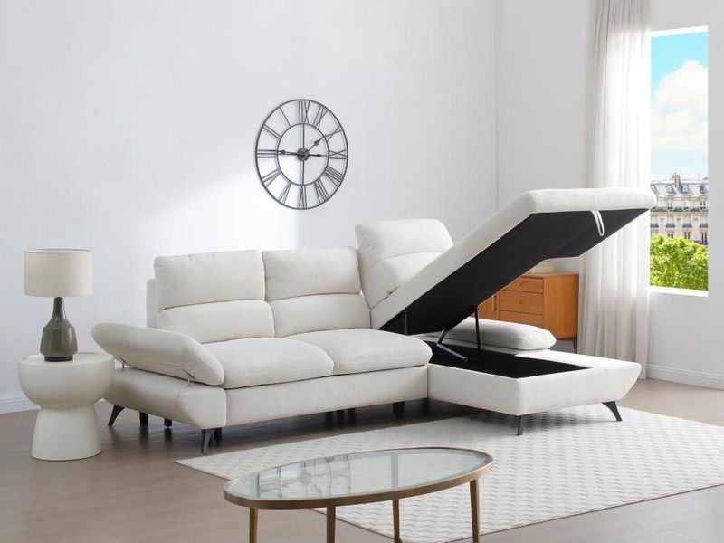 Hoekslaapbank LIORI - Beige Ribfluweel - Met Verstelbare Rugleuning - Hoek Rechts - 5 Plaatsen