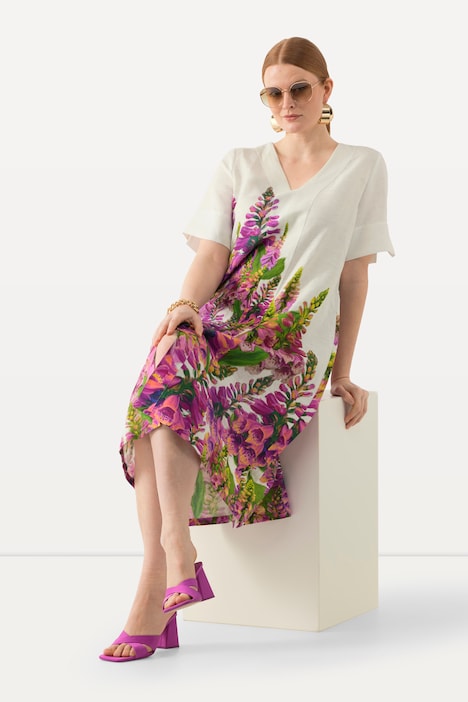 Leinen-Midikleid, Blüten, V-Ausschnitt, Halbarm