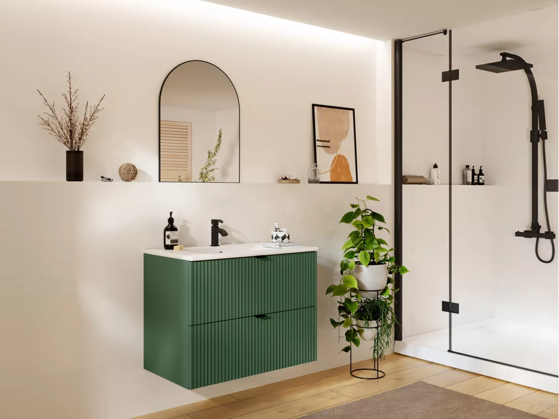 Meuble sous vasque suspendu strié - Vert mat - 80 cm - ZEVINI
