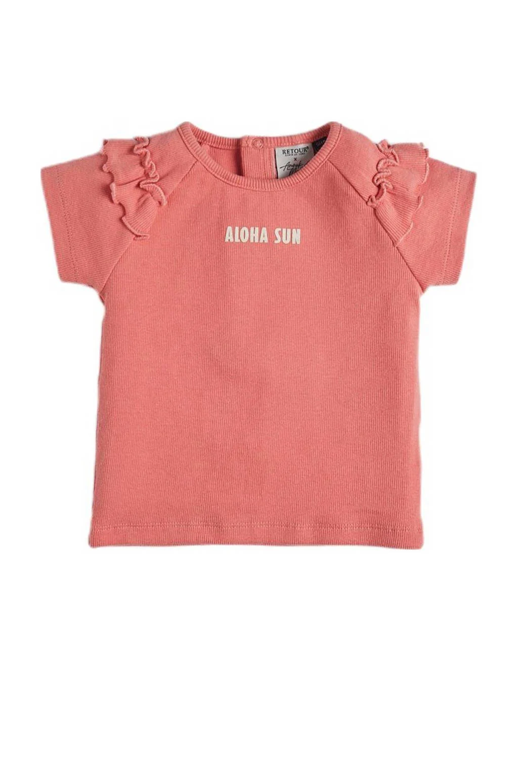 Retour Jeans T-shirt Reanna met tekst en ruches donkerroze