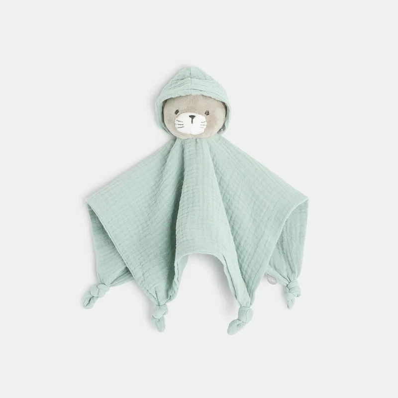 Doudou plat chat en lange de coton vert naissance Vert