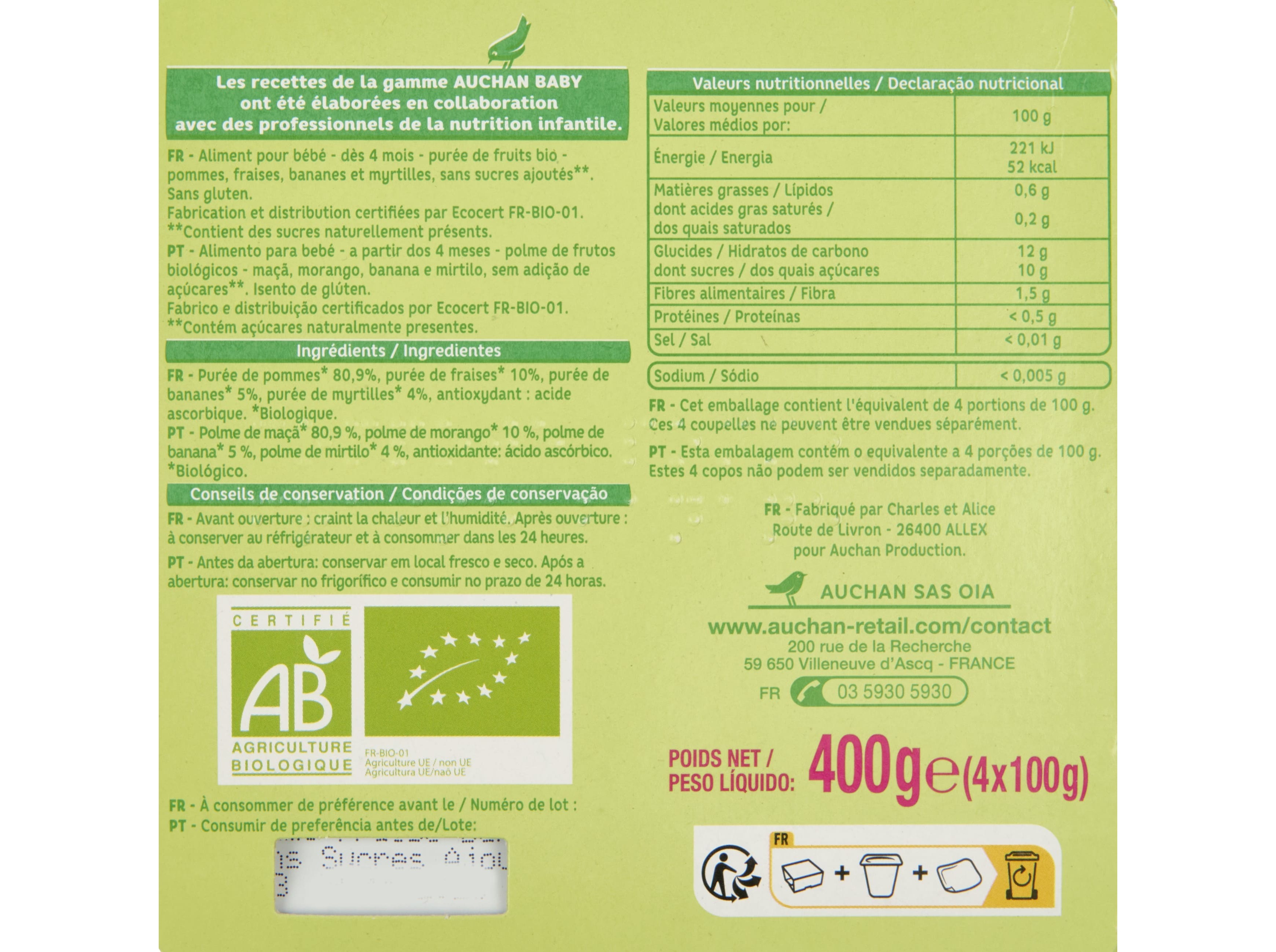 TACINHA FRUTA AUCHAN BABY BIO MAÇÃ MORANGO BANANA SEM GLÚTEN 4X100G