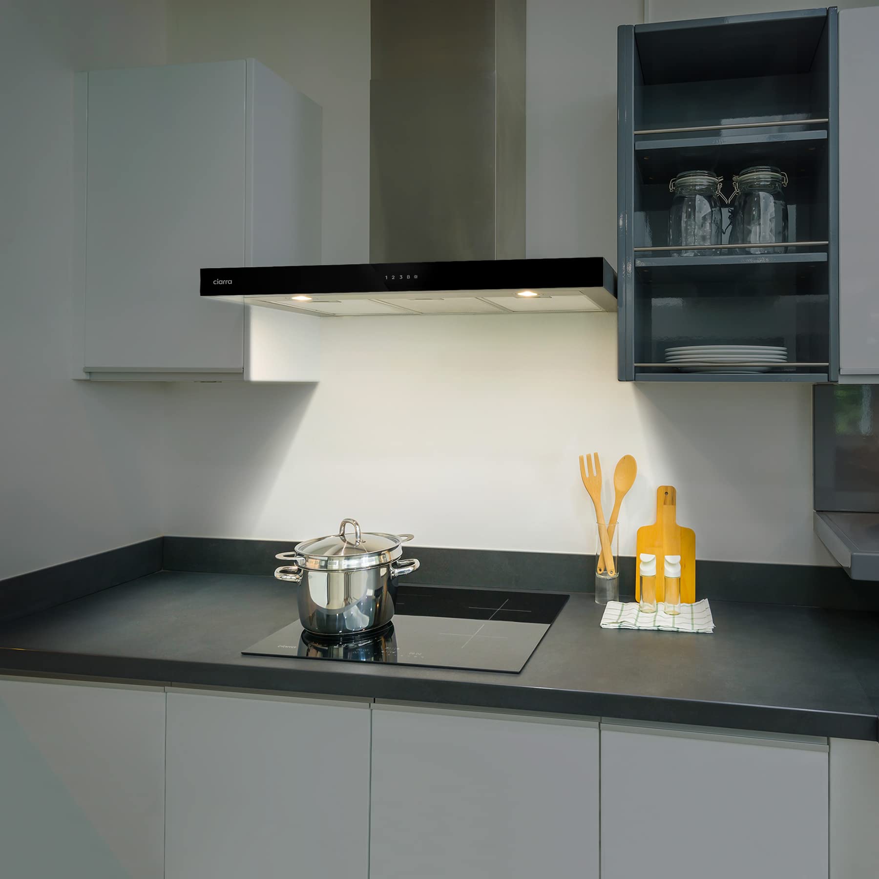 Ciarra Hotte Apisrante 90cm 650 m³/h - Class A+++ - 4 Vitesses - Fonction Boost - Hotte de Cuisine Silencieuse - Commande Tactile - Wi-Fi - LED Dimmab