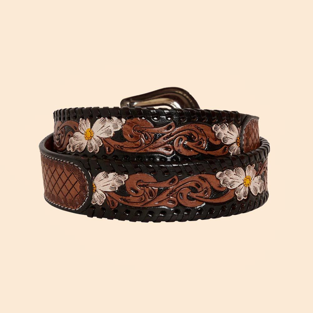 Myra Bag Checkered Brown Hand-Tooled Leather Belt