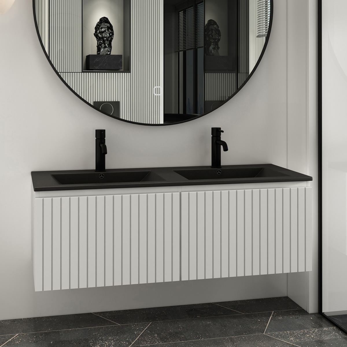 Fontana Lento wit badkamermeubel ribbelfront met zwarte wastafel 120cm 2 kraangaten