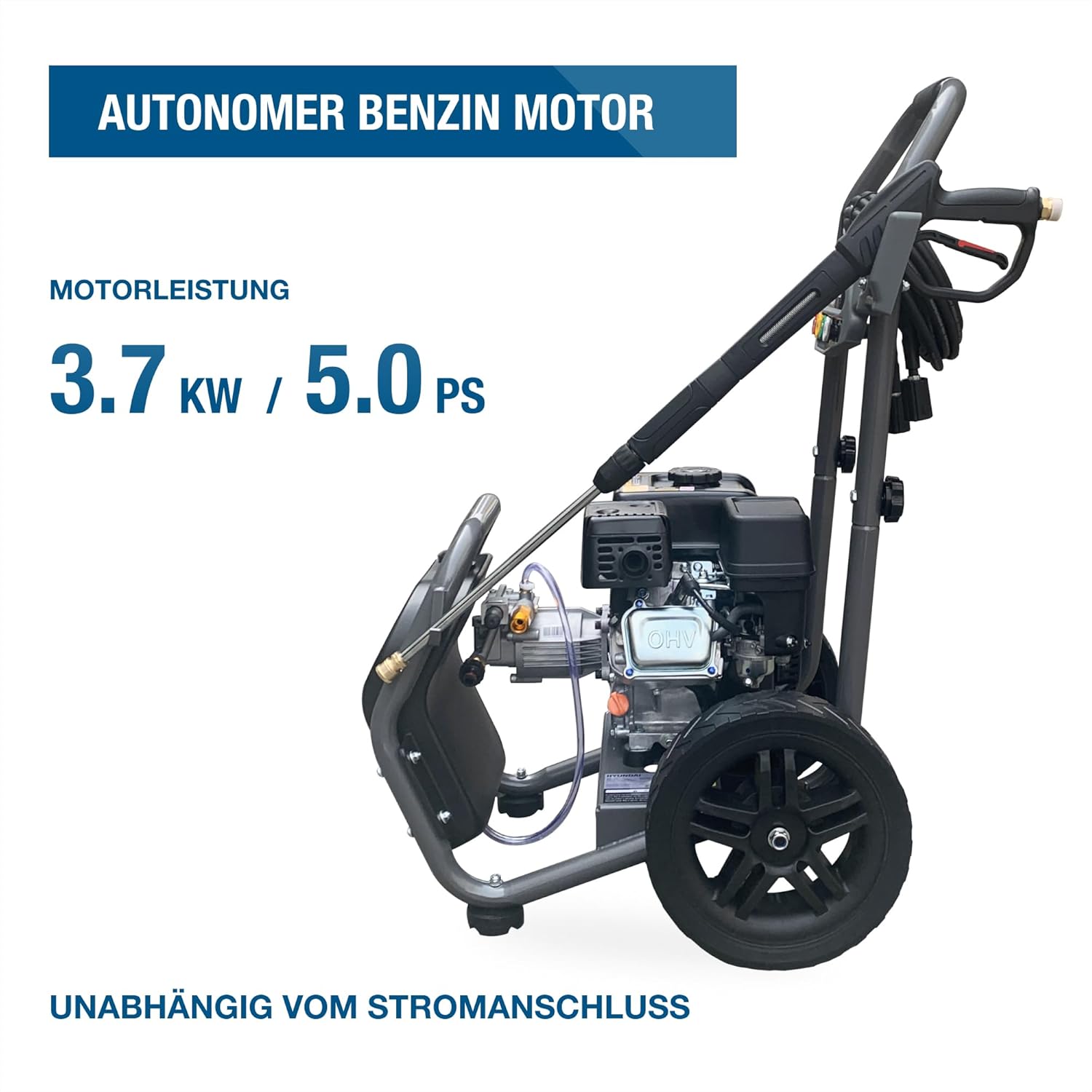 HYUNDAI Benzin-Hochdruckreiniger HYW3400P | max. 234 bar - 540 l/h (9 m³/min) | 3.7 kW / 5.0 PS Benzinmotor | verstärkter 10m Schlauch, 5 Düsenaufsätze | 5 L Reinigungsmitteltank