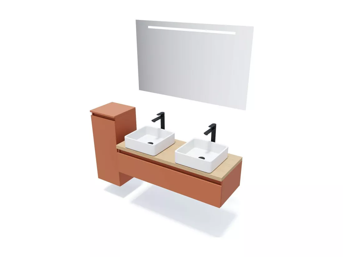 Meuble de salle de bain suspendu 2 vasques à poser 120cm 1 tiroir Terracotta - Hudson